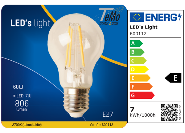 1 STÜCK (VPE) SHADA LED Classic E27 806lm 7W, Warmweiss 2700K, A60 klar, EEC: E (0600112)